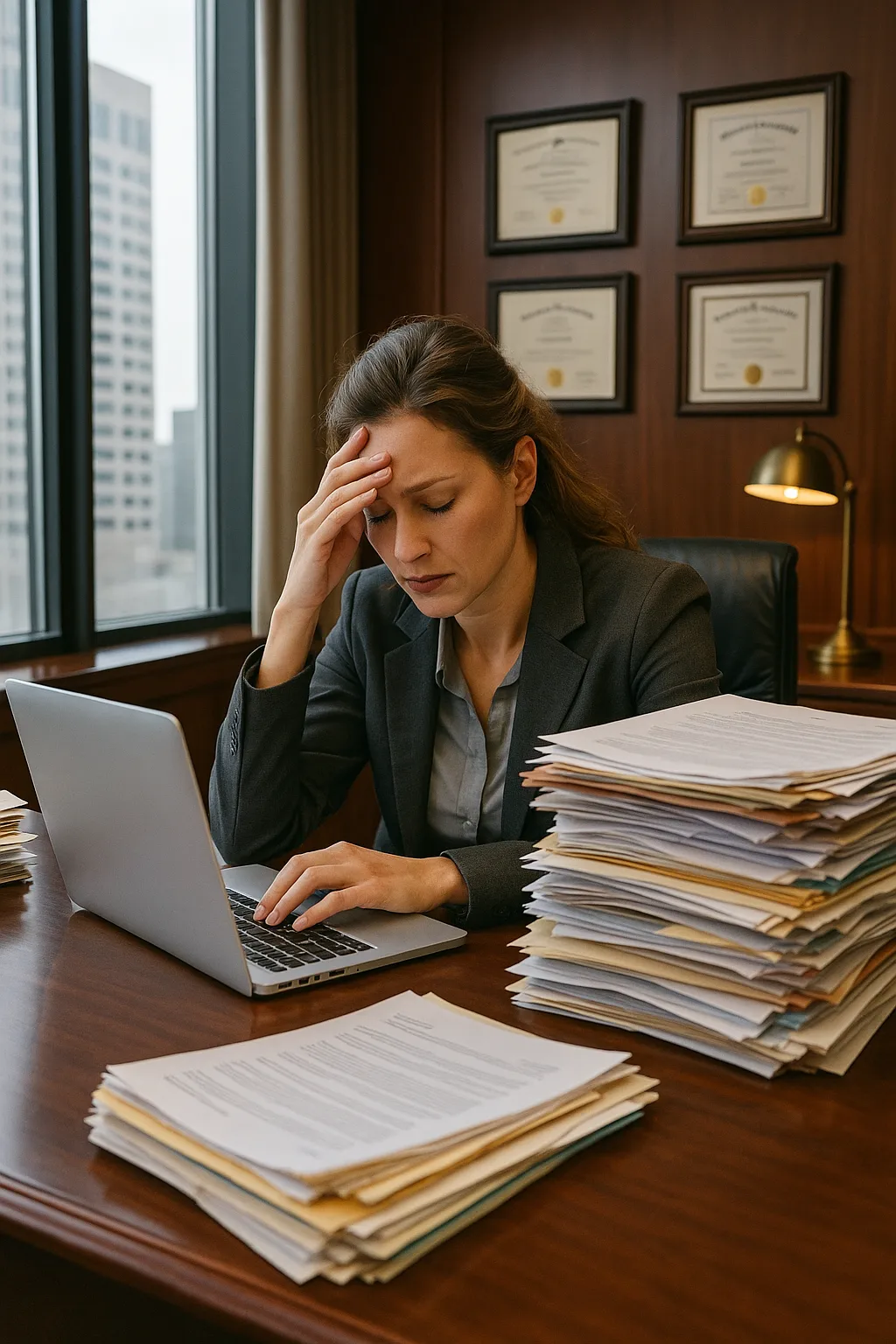 Professional reviewing documents at an office desk.