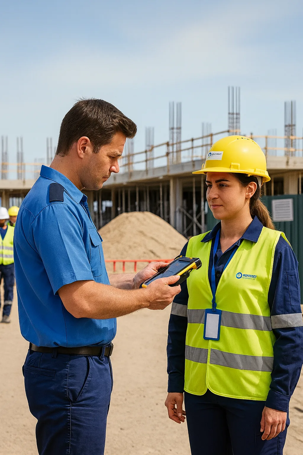 Supervisor validating credentials with a mobile reader at an industrial site.